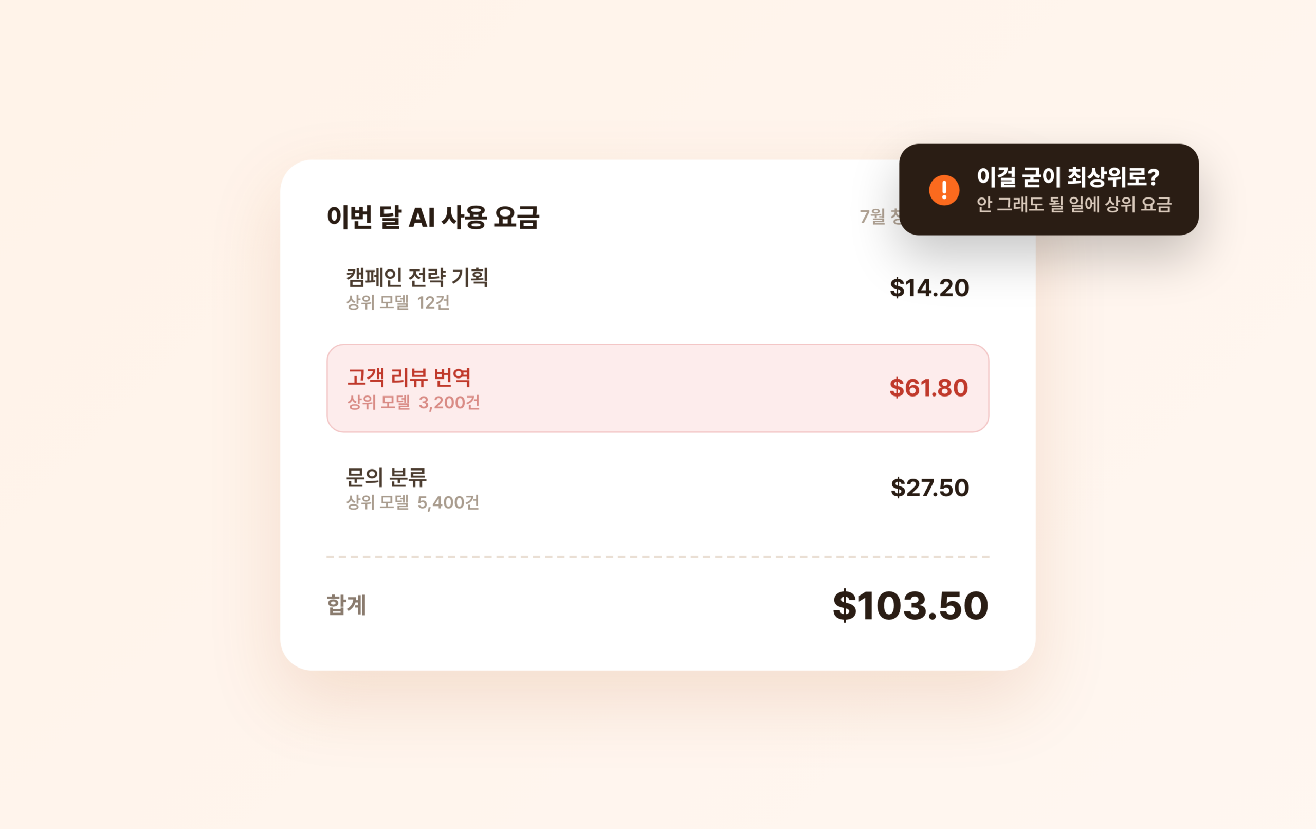 리뷰 번역까지 최상위 모델로 돌려 요금이 커진 AI 사용 청구서 화면