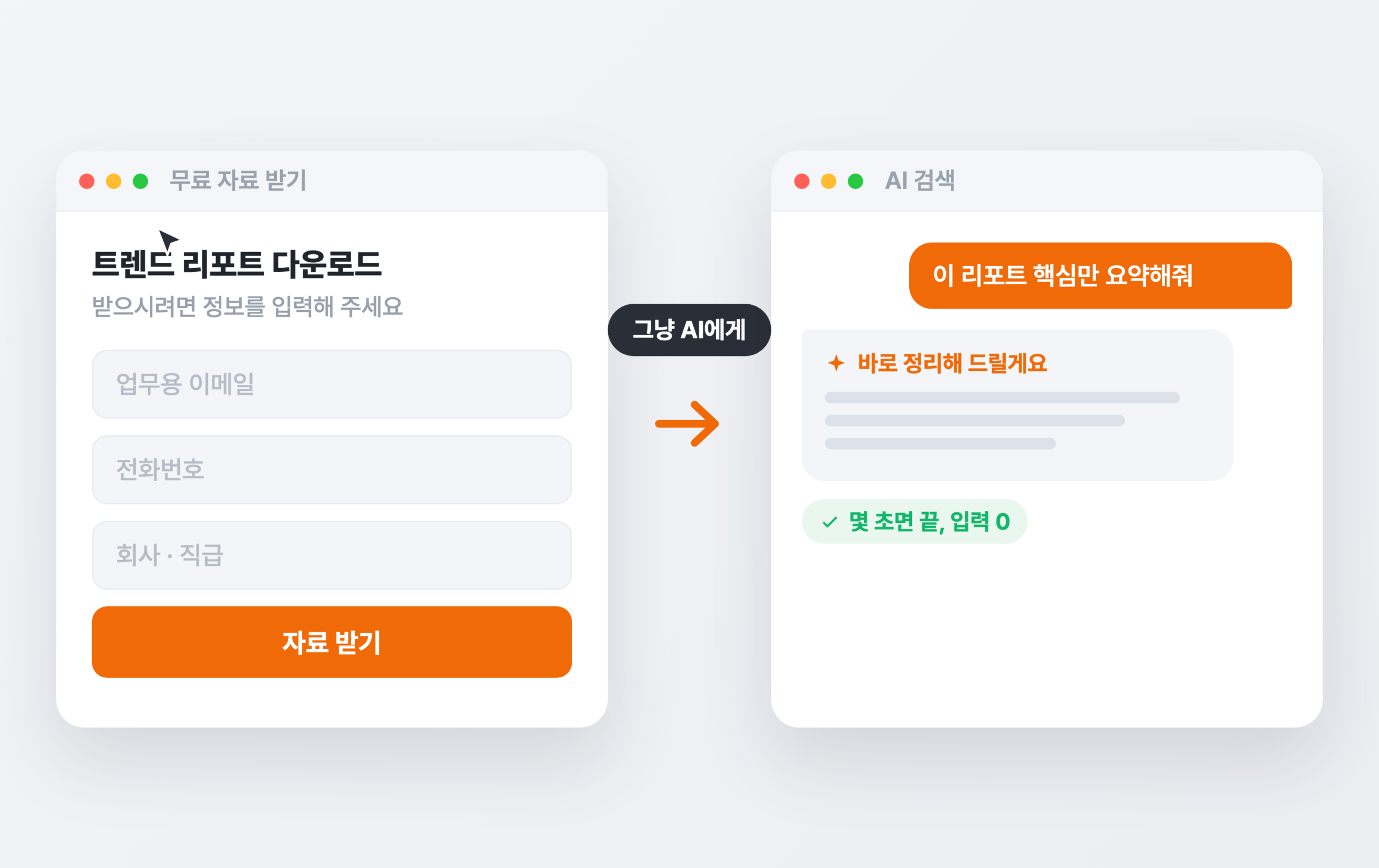 왼쪽 브라우저 창의 리드마그넷 다운로드 폼에 이메일·전화번호·회사 입력칸이 있고 커서가 창을 벗어나는 사이, 오른쪽 AI 채팅 창에서는 같은 질문에 몇 초 만에 답이 나오는 장면